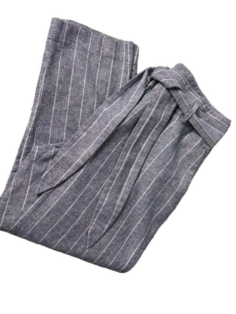 DKNY Pinstripe Paperbag Pants Size 8 Blue White Belted Wide Leg
